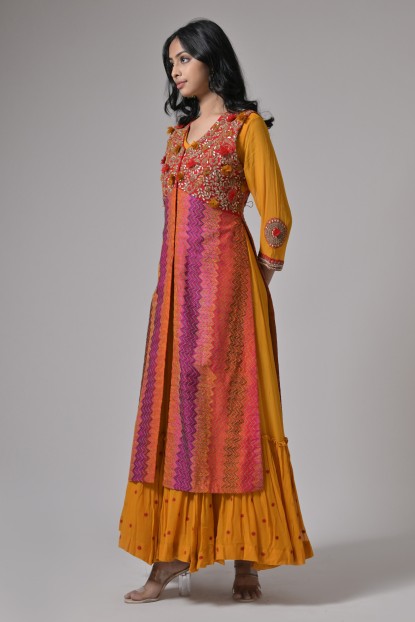 Georgette embroidered Yellow Jacket Style Anarkali Gown